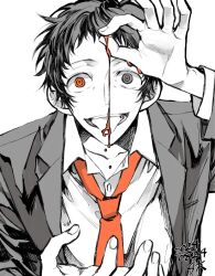  1boy adachi_tooru ambiguous_red_liquid arm_up dated greyscale hand_up heterochromia highres jacket long_sleeves looking_at_viewer magaininninnin male_focus monochrome necktie ok_sign open_clothes open_jacket persona persona_4 red_eyes red_necktie short_hair signature solo spot_color tongue tongue_out upper_body white_background 