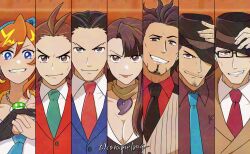  2girls 5boys absurdres ace_attorney_investigations ace_attorney_investigations_2 antenna_hair apollo_justice apollo_justice:_ace_attorney athena_cykes black-framed_eyewear black_hair black_necktie blue_eyes blue_hairband blue_jacket blue_necktie breasts brown_eyes brown_hair brown_jacket brown_scarf brown_shirt brown_vest caramelrag cleavage collared_shirt column_lineup crescent crescent_earrings diego_armando earrings facial_hair fedora fist_in_hand gloves green_necktie gregory_edgeworth gyakuten_saiban hair_between_eyes hairband hand_on_own_hat hat highres jacket jewelry lipstick looking_at_viewer magatama makeup mia_fey multiple_boys multiple_girls naruhodou_ryuuichi necklace necktie orange_hair partially_fingerless_gloves phoenix_wright:_ace_attorney phoenix_wright:_ace_attorney_-_dual_destinies phoenix_wright:_ace_attorney_-_trials_and_tribulations red_jacket red_necktie red_shirt scarf shigaraki_tateyuki shirt short_hair small_sweatdrop smile stubble twitter_username vest white_shirt 