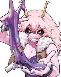  absurdres acid ashido_mina black_sclera boku_no_hero_academia breasts cleavage colored_sclera colored_skin female grin highres hiro_illust11 horns looking_at_viewer official_alternate_hair_length official_alternate_hairstyle official_style open_mouth pink_hair pink_skin short_hair smile solo teeth yellow_eyes 