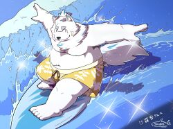  2024 anthro belly bottomwear canid canine canis clothing domestic_dog fur kemono lifewonders live_a_hero male mammal moobs overweight overweight_male shachi_ojisan shorts solo surfboard surfing swimwear water white_body white_fur yohack 