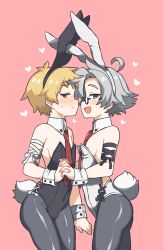  2boys ahoge animal_ear_hairband animal_ears atou_haruki backless_leotard bad_id bad_pixiv_id black_hairband black_leotard black_pantyhose blonde_hair blue_eyes blush closed_mouth commentary_request cross-laced_clothes cross-laced_leotard detached_collar fake_animal_ears from_side frown grey_hair hairband heart highres holding_hands kanou_aogu leotard male_focus male_playboy_bunny multiple_boys necktie oerba_yun_fang open_mouth pantyhose pink_background rabbit_ears rabbit_tail red_eyes red_necktie saibou_shinkyoku short_hair simple_background smile sweat tail white_hairband white_leotard yagidon yaoi 