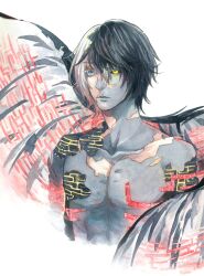  1boy black_hair black_sclera black_wings blue_eyes colored_eyelashes colored_sclera colored_skin commentary commentary_request english_commentary glowing_lines grey_skin highres kyo_okita male_focus mixed-language_commentary multicolored_hair nier nier_(brother) nier_(series) scar shadowlord_(nier) short_hair simple_background solo split-color_hair spoilers two-tone_hair upper_body white_background white_hair wings yellow_eyes 