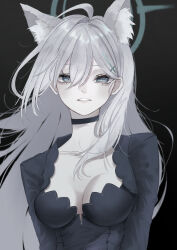  absurdres aegyo_sal ahoge animal_ear_fluff animal_ears aqua_eyes black_background black_choker black_dress black_jacket blue_archive breasts choker cleavage collarbone commentary_request cropped_jacket dress female grey_hair hair_between_eyes halo highres jacket kagenone long_hair looking_at_viewer medium_breasts mismatched_pupils shiroko_(blue_archive) shiroko_terror_(blue_archive) simple_background solo upper_body very_long_hair wolf_ears 