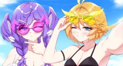  2girls alternate_costume bikini black_bikini blonde_hair blue_sky breasts cgator cleavage cloud cloudy_sky day dokibird_(vtuber) dragon_girl dragon_wings eyewear_on_head green_eyes head_wings indie_virtual_youtuber large_breasts looking_at_viewer multiple_girls nijisanji nijisanji_en one_eye_closed outdoors purple_eyes purple_hair round_eyewear selen_tatsuki selfie sky smile swimsuit upper_body virtual_youtuber white_bikini wings 