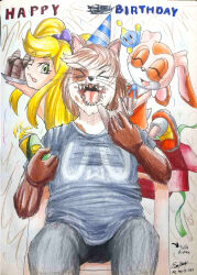  absurd_res anthro beverage beverage_can birthday_cake birthday_gift blonde_hair blue_body bottomwear bow_ribbon brown_hair brown_markings cake candy chao_(sonic) cheese_the_chao chocolate chocolate_cake closed_eyes clothing colored_pencil_(artwork) confetti cream_the_rabbit dessert dirty_mouth domestic_cat dress eating eating_food emanata evan_harrey eye_markings fangs felid feline felis female food fur gloves green_eyes greeting_viewer group hair handwear hat headgear headwear hi_res holding_beverage holding_object human lagomorph lemonade leporid light_body light_skin looking_at_viewer male mammal markings one_eye_closed orange_clothing orange_dress orange_markings pants party_hat persian_cat plastic_chair plate rabbit reku_(akubon) scut_tail sega shirt shizen_(sailorbomber) short_tail sidelocks simple_background sitting smile sonic_the_hedgehog_(series) tail tan_body tan_fur teeth text tongue tongue_out topwear traditional_media_(artwork) twintails_(hairstyle) uwu whiskers white_background white_body white_fur white_hair_tips wink yellow_markings 