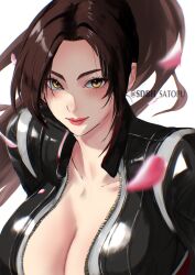  black_jacket blurry blurry_foreground breasts brown_eyes brown_hair cleavage closed_mouth collarbone commentary falling_petals fatal_fury fatal_fury:_city_of_the_wolves female high_ponytail highres jacket large_breasts leather leather_jacket light_blush lips long_hair looking_at_viewer official_alternate_costume parted_bangs petals pink_lips pink_petals satopuu shiny_clothes shiranui_mai solo twitter_username upper_body white_background zipper 