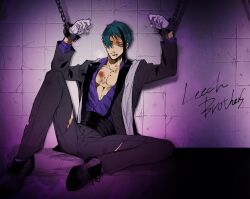  1boy bleeding blood blood_from_mouth blue_hair bruise bruise_on_chest bruise_on_face cuffs full_body hair_over_one_eye heavy_breathing highres indoors injury jade_leech knee_up male_focus purple_background reverse_ryona shackles shinozaki_kyouko short_hair sitting smile solo suspenders twisted_wonderland unbuttoned yellow_eyes 