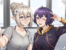  2girls :d absurdres ahoge alternate_costume bespectacled breasts cleavage collarbone commentary commission english_commentary fire_emblem fire_emblem_awakening fire_emblem_fates flower glasses grey_hair grey_shirt hair_bun hair_flower hair_ornament highres hood hoodie ikhwan_maulana kana_(female)_(fire_emblem) kana_(fire_emblem) looking_at_viewer morgan_(female)_(fire_emblem) morgan_(fire_emblem) multiple_girls one_eye_closed open_mouth pointy_ears print_hoodie purple_eyes purple_hair purple_hoodie salute shirt short_hair smile teeth two-finger_salute upper_teeth_only viewfinder white_flower 