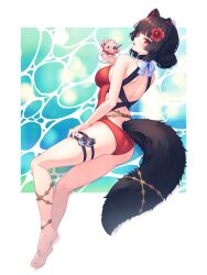  abstract_background animal_ears anklet aqua_background ass back ban_(inui_toko) bare_arms bare_legs bare_shoulders black_hair black_straps blueberry blunt_bangs blunt_sidelocks blush border bow breasts casual_one-piece_swimsuit crossed_belts cup dog_ears dog_girl dog_tail eyelashes female flower food fruit full_body gold_anklet gold_belt hair_bun hair_flower hair_ornament hand_on_own_thigh heterochromia hibiscus highres holding holding_cup ice_cream inui_toko jewelry ken_(inui_toko) knees_apart_feet_together kutori_pan&#039;ya looking_at_viewer lying medium_breasts multiple_thigh_straps nail_polish nijisanji on_side one-piece_swimsuit open_mouth outside_border patterned_clothing red_eyes red_flower red_nails red_one-piece_swimsuit shoulder_blades skindentation smile soles solo strawberry strawberry_slice sundae swimsuit tail tail_belt thigh_strap virtual_youtuber water white_border white_bow yellow_eyes 