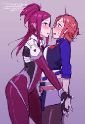  2girls against_wall artist_name asymmetrical_docking black_pantyhose blue_eyes blue_jacket blush bodysuit breast_press breasts grey_skirt hair_behind_ear holding_hands jacket kaname_buccaneer long_hair macross macross_delta medium_breasts mirage_farina_jenius multiple_girls open_mouth pantyhose pointy_ears purple_bodysuit purple_hair sasanoneko shirt signature skirt surprised sweat web_address white_shirt yuri 