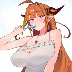  ahoge breasts closed_mouth dismassd dragon_girl dragon_horns female food food_in_mouth hair_intakes hashtag-only_commentary highres holding holding_food holding_popsicle hololive horns jewelry kiryu_coco kiryu_coco_(loungewear) large_breasts long_hair looking_at_viewer necklace official_alternate_costume orange_hair pointy_ears popsicle popsicle_in_mouth shirt simple_background solo virtual_youtuber white_background white_shirt 