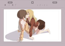  2girls barefoot blonde_hair blush bow bowtie brown_bow brown_bowtie brown_hair brown_sailor_collar brown_shirt brown_skirt closed_eyes commentary dress_shirt green_hair grey_shorts kissing kouzuki_mahiru long_hair midriff multicolored_hair multiple_girls off_shoulder pajamas sailor_collar school_uniform shirt short_hair shorts skirt streaked_hair symbol-only_commentary yamanouchi_kano yao_(yaocccc98) yellow_shirt yoru_no_kurage_wa_oyogenai yuri 