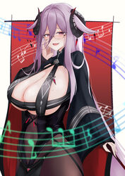  absurdres aonossco azur_lane black-framed_eyewear black_dress black_horns breast_cutout breasts cleavage clothing_cutout covered_navel cowboy_shot curled_horns dress female framed_breasts friedrich_carl_(azur_lane) from_side gem hair_between_eyes highres horns huge_breasts long_hair long_sleeves mature_female mole mole_on_breast mole_under_mouth musical_note open_mouth purple_eyes purple_hair rectangular_eyewear red_gemstone semi-rimless_eyewear solo stomach_cutout very_long_hair wide_sleeves 