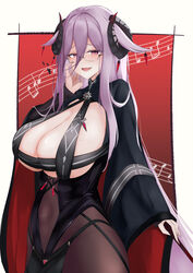  absurdres aonossco azur_lane black-framed_eyewear black_dress black_horns breast_cutout breasts cleavage clothing_cutout covered_navel cowboy_shot curled_horns dress female framed_breasts friedrich_carl_(azur_lane) from_side gem hair_between_eyes highres horns huge_breasts long_hair long_sleeves mature_female mole mole_on_breast mole_under_mouth musical_note open_mouth purple_eyes purple_hair rectangular_eyewear red_background red_gemstone semi-rimless_eyewear solo stomach_cutout two-tone_background very_long_hair white_background wide_sleeves 