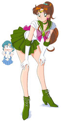  2girls bishoujo_senshi_sailor_moon blue_bow blue_eyes blue_skirt blush bow earrings gloves green_eyes green_footwear green_sailor_collar green_skirt highres inner_senshi jewelry kino_makoto looking_at_ass mizuno_ami multiple_girls ni-shika pink_bow sailor_collar sailor_jupiter sailor_mercury sailor_senshi sailor_senshi_uniform short_hair simple_background skirt white_background white_gloves 