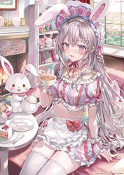  2024 animal_ears apron bow bow_apron braid couch cup fake_animal_ears female fork frilled_apron frills grey_hair hair_between_eyes hair_ornament hand_up highres holding holding_cup indoors long_hair looking_at_viewer momoko_(momopoco) multicolored_clothes multicolored_nails my_melody navel on_couch onegai_my_melody open_mouth pink_eyes plaid rabbit_ears red_bow red_ribbon ribbon sanrio short_sleeves smile solo teacup teapot thighhighs white_apron white_thighhighs zettai_ryouiki 