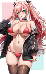  abpart absurdres ass_visible_through_thighs bare_shoulders bikini black_choker black_jacket black_thighhighs blush breasts candy choker cleavage collarbone copyright_name cowboy_shot female food green_eyes green_hair hair_ornament highres holding holding_candy holding_food holding_lollipop jacket large_breasts lollipop long_hair long_sleeves looking_at_viewer navel off_shoulder open_clothes open_jacket open_mouth original pink_hair red_bikini solo stomach swimsuit thigh_gap thighhighs thighs twintails twitter_username underboob 