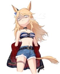  absurdres animal_ears bandeau banpunsik bare_shoulders belt black_belt black_choker blank_eyes blonde_hair choker commentary_request cropped_legs denim denim_shorts female gold_city_(umamusume) highres horse_ears horse_girl jacket long_hair midriff navel short_shorts shorts simple_background solo standing steam_from_mouth stomach strapless striped_bandeau tail thigh_strap thighs tube_top umamusume very_long_hair white_background 