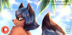  advertisement anthro blue_body blue_eyes blue_hair brand_new_animal breasts brown_body brown_fur canid canine canis cute_fangs digital_media_(artwork) female fluffy fluffy_tail fur hair kotezio mammal michiru_kagemori netflix nude outside palm_tree patreon patreon_exclusive patreon_logo patreon_username plant preview raccoon_dog sky solo studio_trigger tail tanuki teaser text tree url 