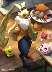  artist_name bibimon black_eyes boned_meat brown_eyes closed_eyes commentary digimon digimon_(creature) drak-arts english_commentary food furry highres holding holding_plate indoors koromon looking_at_another meat open_mouth plate punimon purple_eyes rug smile standing symbareangoramon table tied_ears watermark wooden_floor 