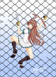  ahoge black_footwear black_gloves boots brown_eyes brown_hair chain-link_fence claw_(weapon) climbing commentary_request dated female fence from_behind geru gloves green_sailor_collar huge_ahoge kantai_collection kuma_(kancolle) kuma_kai_ni_(kancolle) long_hair looking_at_viewer one-hour_drawing_challenge parody pleated_skirt sailor_collar sailor_shirt school_uniform serafuku shirt short_sleeves skirt solo street_fighter street_fighter_ii_(series) twitter_username weapon white_shirt white_skirt 