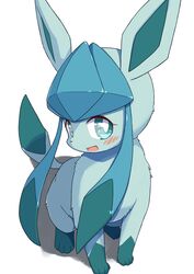  2022 4_toes ambiguous_gender blue_body blue_fur blush blush_lines eeveelution feet feral full-length_portrait fur glaceon gloves_(marking) green_body green_eyes green_fur hi_res kemono koorinezumi leg_markings looking_at_viewer markings nintendo nude open_mouth open_smile paws pok&eacute;mon_(species) pokemon portrait quadruped shadow simple_background smile smiling_at_viewer socks_(marking) solo toes tongue translated_description video_games white_background 