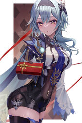  :o absurdres bad_id bad_pixiv_id black_gloves black_hairband black_thighhighs blue_hair blue_necktie blush box box_of_chocolates commentary_request cowboy_shot eula_(genshin_impact) female genshin_impact giving gloves hair_ornament hairband highres holding holding_box juliet_sleeves long_hair long_sleeves looking_at_viewer necktie puffy_sleeves solo thighhighs thighs twitter_username valentine vision_(genshin_impact) watermark white_background wide_sleeves yakiniku_pan yellow_eyes 