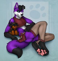  anthro bottomwear canid canine canis clothed clothing domestic_dog elkhound femboy footprint fur hi_res legwear male mammal markings pawalo pawpads pawprint pawprint_(marking) paws plushie purple_body purple_fur skirt solo spitz staggard stockings tail_under_skirt tigerott 