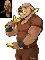  anthro belt bottomwear clothed clothing fonyaa fully_clothed gold_(metal) golden_sword looking_at_viewer male mammal melee_weapon microsoft minecraft mojang muscular muscular_anthro muscular_male pants piglin portrait shirt slightly_chubby smile snout solo suina sword three-quarter_portrait topwear tusks weapon xbox_game_studios 