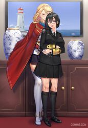  2girls absurdres ahoge azur_lane boat braid cabinet cloak commission crown_braid earrings english_commentary female_commander_(azur_lane) full_body glasses highres hoop_earrings hug hug_from_behind irkawaza jewelry lighthouse military military_uniform multiple_girls naval_uniform necktie one_eye_closed painting_(medium) pleated_skirt pottery prince_of_wales_(azur_lane) qinghua_(porcelain) skirt teardrop_earrings thighhighs traditional_media uniform vase watercraft wife_and_wife yuri zettai_ryouiki 