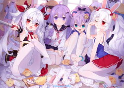  6+girls :d ahoge akashi_(azur_lane) animal_ear_fluff animal_ears azur_lane bare_shoulders bikini black_bikini black_dress black_ribbon black_sailor_collar black_scrunchie black_skirt blue_eyes blue_shirt blue_skirt blush camisole cardigan cat_ears cat_girl cat_tail clothes_pull commentary_request covered_nipples crown detached_sleeves dress ears_through_headwear eldridge_(azur_lane) feet foreshortening hair_ornament hair_ribbon hair_scrunchie hairclip hat high_ponytail highres holding indoors javelin_(azur_lane) kindergarten_uniform kisaragi_(azur_lane) laffey_(azur_lane) legs lifebuoy lifebuoy_ornament long_hair long_sleeves looking_at_viewer manjuu_(azur_lane) mini_crown multiple_girls mutsuki_(azur_lane) mutsuki_face_(azur_lane) no_shoes oerba_yun_fang official_alternate_costume one_eye_closed open_mouth outstretched_arm pantyhose pantyhose_pull parted_lips pleated_skirt ponytail puffy_long_sleeves puffy_sleeves purple_eyes purple_hair red_eyes red_ribbon red_skirt ribbon rubbing_eyes sailor_collar sailor_dress school_hat school_uniform scrunchie serafuku shirt skirt sleeveless sleeveless_dress sleeves_past_wrists smile soles stuffed_animal stuffed_toy stuffed_winged_unicorn swim_ring swimsuit tail tilted_headwear tsubasa_tsubasa twintails unicorn_(azur_lane) unicorn_(long-awaited_date)_(azur_lane) unworn_pantyhose vampire_(azur_lane) very_long_hair white_camisole white_cardigan white_dress white_hair white_pantyhose white_sleeves window x_hair_ornament yellow_headwear yellow_shirt 