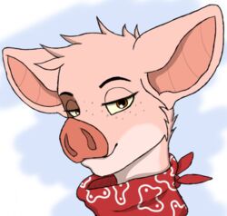  anthro domestic_pig duncan_(kabscorner) eyebrows freckles fur headshot_portrait kerchief male mammal multicolored_body multicolored_fur neckerchief orange_eyes pink_body pink_fur portrait qunteki smile smug_face solo suid suina sus_(pig) thick_eyebrows yellow_sclera 