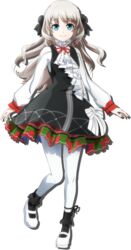  aqua_eyes bow dress female full_body grey_hair klara_m_ruzhkova kubo_tite long_hair long_sleeves looking_at_viewer pantyhose sakura_taisen shin_sakura_taisen shoes smile solo standing standing_on_one_leg transparent_background white_hair white_pantyhose 