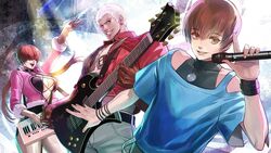  2boys breasts brown_hair chris_(kof) cleavage covered_eyes dress electric_guitar female guitar hair_over_eyes highres instrument jacket jewelry keyboard_(instrument) long_hair microphone multiple_boys nanakase_yashiro necklace official_art red_hair red_jacket senno_aki shermie_(kof) short_dress short_hair the_king_of_fighters the_king_of_fighters_xv white_hair 