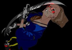  1boy bag bag_over_head doctor faust_(guilty_gear) gloves glowing glowing_eye guilty_gear guilty_gear_strive highres long_fingers looking_at_viewer male_focus noronorono6 paper_bag red_eyes scalpel smile stethoscope white_gloves 