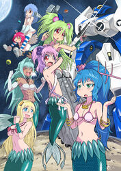  6+girls :o abs absurdres akai_koudan_zillion alien arm_warmers armor bird bird_legs breasts chicken cleavage collarbone commentary_request company_connection crate crossover cyborg dark-skinned_female dark_skin energy_gun feathered_wings feathers flying fuji-san giant giantess glint gun half-harpy handgun harpy_(muromi-san) heika_(heikahp) highres hii-chan holding holding_gun holding_weapon interlocked_fingers jewelry kikou_souseiki_mospeada large_breasts legioss lens_flare levia-san looking_back machinery mecha medium_breasts mermaid midriff monster_girl moon multiple_girls muromi-san muscular namiuchigiwa_no_muromi-san navel necklace own_hands_together parody parted_lips photoshop_(medium) planet ray_gun redesign riding robot saturn_(planet) scales space straddling sumida-san tatsunoko_pro trigger_discipline underboob weapon wings yeti_(muromi-san) 