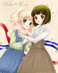  2girls alice_cartelet blonde_hair blue_eyes brown_eyes commentary_request copyright_name dress eyelashes flower green_hair kahis_(sweetbriar) kin-iro_mosaic looking_at_viewer multiple_girls oomiya_shinobu open_mouth photoshop_(medium) short_hair short_twintails twintails 