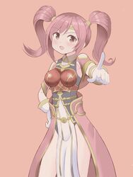  armor blush breastplate brown_eyes circlet commentary_request female fire_emblem fire_emblem_echoes:_shadows_of_valentia fire_emblem_heroes gloves highres long_hair mae_(fire_emblem) mikoko1 open_mouth pink_background pink_hair simple_background solo twintails 