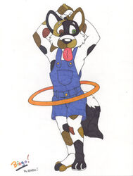  3_toes 5_fingers anthro barefoot bark!_(artist) biped black_body black_fur brown_body brown_fur canid canine clothing feet fingers fur heterochromia hula_hoop male mammal overalls raised_arm simple_background solo spots standing tan_body tan_fur toes tongue tongue_out white_background white_body white_fur 