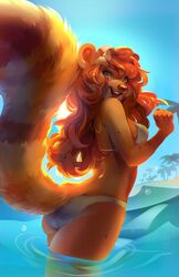  2015 5_fingers ailurid anthro aria_(machotacoman) ass bangs beach bikini blush breasts brown_body brown_fur brown_hair bypbap canid canine clothing day detailed_background eyelashes female fingers fur green_eyes hair long_hair mammal orange_body orange_fur outside partially_submerged plant raccoon_dog red_hair red_panda seaside side_boob solo swimwear tanuki tree water wet 