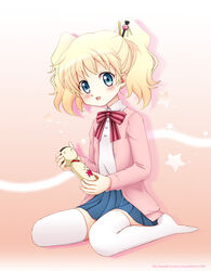  alice_cartelet blonde_hair blue_eyes blue_skirt blush bow bowtie commentary_request doll eyelashes female full_body hair_ornament hair_stick holding jacket kahis_(sweetbriar) kin-iro_mosaic long_sleeves looking_at_viewer no_shoes open_clothes open_jacket open_mouth photoshop_(medium) pleated_skirt shirt short_twintails sitting skirt solo thighhighs twintails wariza watermark web_address white_shirt white_thighhighs zettai_ryouiki 