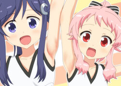  2girls ahoge anima_yell! arima_hizume armpits arms_up blue_eyes blue_hair bow cheerleader collarbone commentary_request hair_ornament hairbow hatoya_kohane highres long_hair multiple_girls ogyadya open_mouth photoshop_(medium) pink_hair ponytail red_eyes sidelocks sleeveless smile 