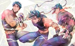  3boys bare_shoulders battle_tendency belt blue_eyes blue_hair boots bubble chains clenched_hands closed_mouth clothing_cutout commentary_request crop_top denim earrings electricity fingerless_gloves gakuran gloves grandfather_and_grandson grin hamon hat headband highres jeans jewelry jojo_no_kimyou_na_bouken jonathan_joestar joseph_joestar joseph_joestar_(young) knee_boots kujo_jotaro long_coat looking_afar looking_up male_focus multiple_boys navel pants phantom_blood school_uniform short_hair sicon sideways_glance single_glove sleeveless smile sparkle stand_(jojo) star_(symbol) star_platinum stardust_crusaders time_paradox triangle_print 