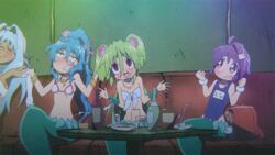  4girls alcohol animated animated backpack bag bikini_top blue_hair blush bracelet dancing drunk elbow_gloves glasses gloves green_hair hair_ornament hairclip jewelry levia-san mana-chan_(namiuchigiwa_no_muromi-san) mermaid monster_girl multiple_girls muromi-san namiuchigiwa_no_muromi-san open_mouth party pink_eyes ponytail purple_hair randoseru red_eyes school_swimsuit short_eyes short_hair sumida-san swimsuit twintails 