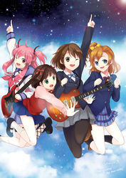  4girls :d ;d amami_haruka angel_beats! black_pantyhose black_socks blazer brown_eyes brown_hair collaboration commentary_request crossover green_eyes guitar himaya hirasawa_yui idolmaster idolmaster_(classic) instrument jacket k-on! kneehighs kosaka_honoka long_hair love_live! love_live!_school_idol_project monicanc multiple_crossover multiple_girls one_eye_closed one_side_up open_mouth otonokizaka_school_uniform pantyhose photoshop_(medium) pink_eyes pink_hair pointing sakuragaoka_high_school_uniform school_uniform serafuku shinda_sekai_sensen_uniform short_hair skirt smile socks two_side_up yui_(angel_beats!) 