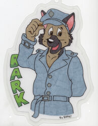  anthro bark!_(artist) black_nose brown_body brown_eyes brown_fur canid canine canis clothed clothing con_badge domestic_dog fur furgonomics german_shepherd hat headgear headwear herding_dog male mammal open_mouth pastoral_dog police simple_background solo white_background 