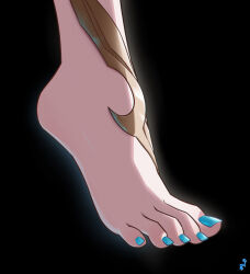  absurdres barefoot black_background blue_nails commentary feet female foot_focus genshin_impact highres mohoshadream nail_polish official_alternate_costume shenhe_(frostflower_dew)_(genshin_impact) shenhe_(genshin_impact) signature simple_background solo toenail_polish toenails 