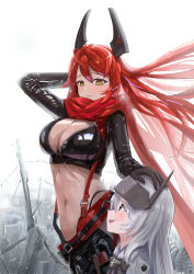  2girls :d absurdres ahoge arm_up black_bow black_bowtie black_gloves black_jacket black_pants bow bowtie breasts cleavage cloak closed_mouth clothing_cutout commentary_request cowboy_shot cropped_jacket floating_hair gloves goddess_of_victory:_nikke hair_between_eyes hand_on_another&#039;s_head haruishi_(hruishid) head-mounted_display height_difference highres hip_vent horns jacket large_breasts leather leather_jacket leather_pants leg_cutout long_hair long_sleeves looking_at_another mechanical_horns midriff multiple_girls navel open_mouth pants red_hair red_hood_(nikke) red_scarf scarf sidelocks sideways_mouth smile snow_white_(innocent_days)_(nikke) snow_white_(nikke) standing suspenders teeth unzipped upper_teeth_only white_cloak white_hair yellow_eyes zipper 