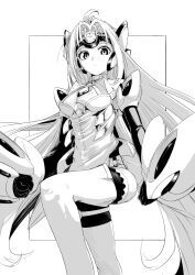  android armor bare_shoulders boots breasts chin_bell clothing_cutout cyborg elbow_gloves female forehead_protector gloves greyscale highres kos-mos kos-mos_ver._4 long_hair monochrome robot_ears solo thigh_boots thighhighs underboob underboob_cutout very_long_hair xenosaga xenosaga_episode_iii 