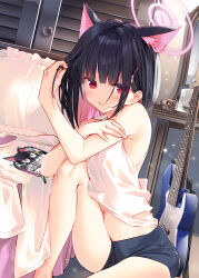  animal_ears arikawa_satoru bare_legs bare_shoulders bass_guitar black_hair blue_archive blush cat_ears colored_inner_animal_ears colored_inner_hair extra_ears female fender_jazz_bass hair_ornament hairclip halo highres hugging_own_legs instrument kazusa_(band)_(blue_archive) kazusa_(blue_archive) looking_at_viewer multicolored_hair navel open_mouth pink_hair pink_halo red_eyes short_hair shorts sitting sleeveless solo two-tone_hair 